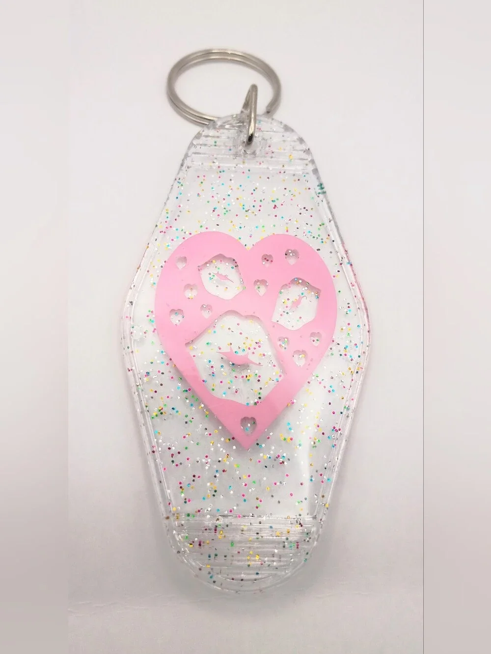 Pink Heart Lips Clear Glitter Motel Keychain